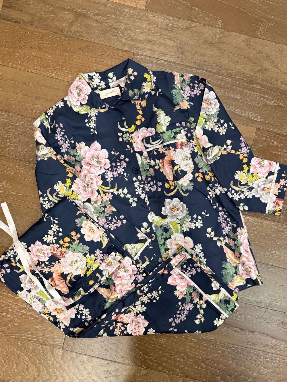 Papinelle Navy Floral Satin Pajama Top - Pink & Yellow Blooms NWOT